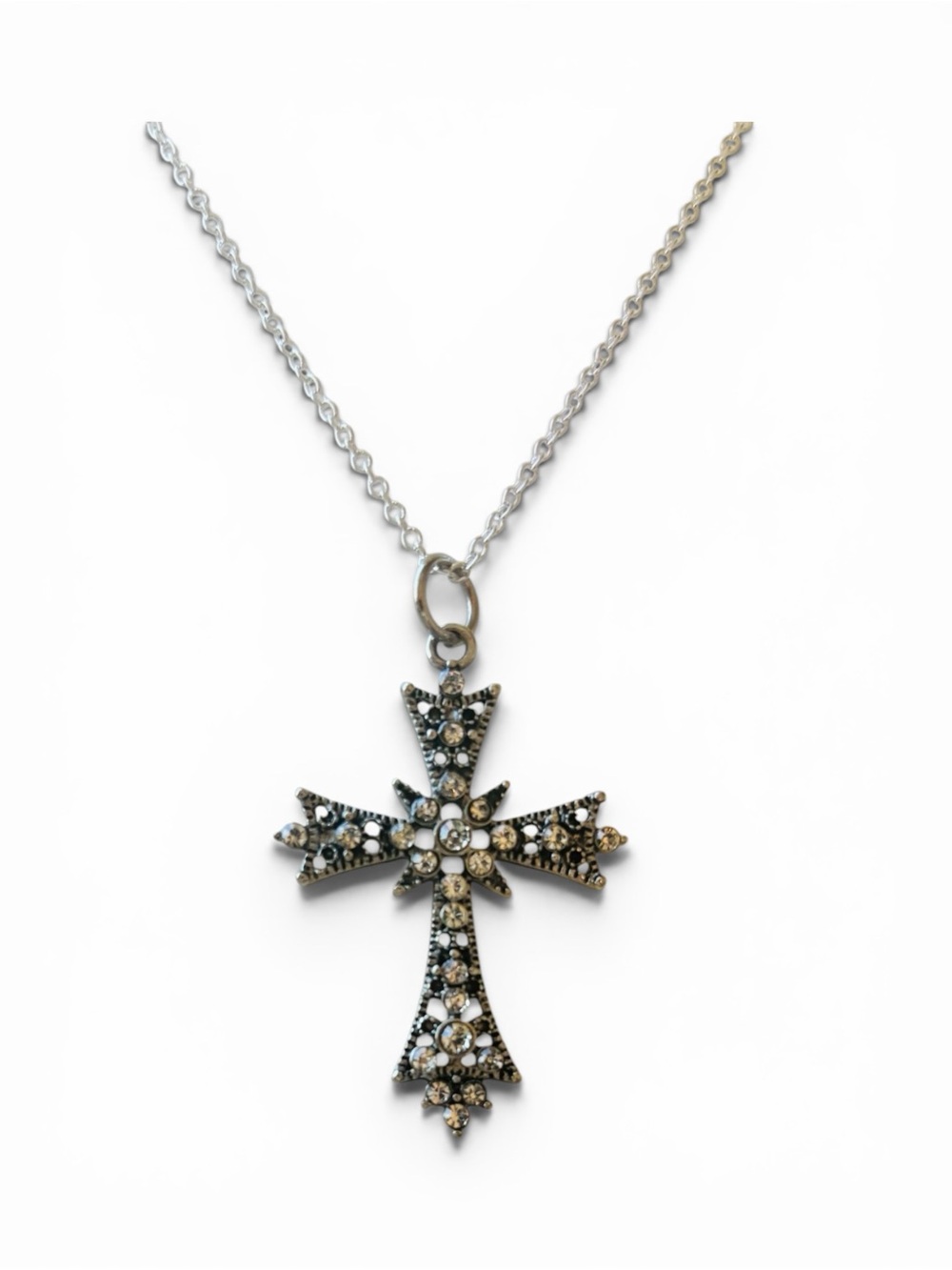Marcasite and Crystal  Cross Pendant Necklace - Silver Tone